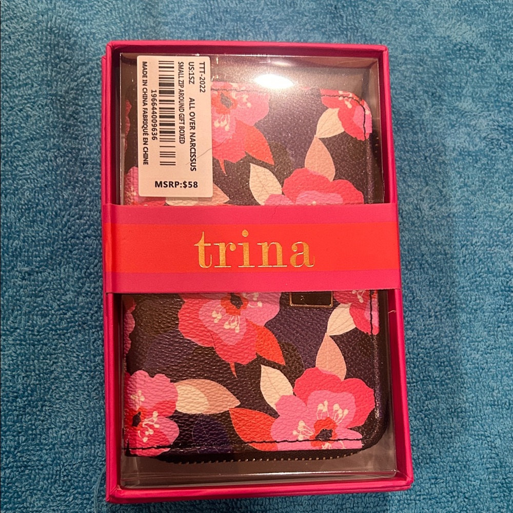 Trina Turk Black and Pink Floral Small Zip Around Wallet (NWT)
